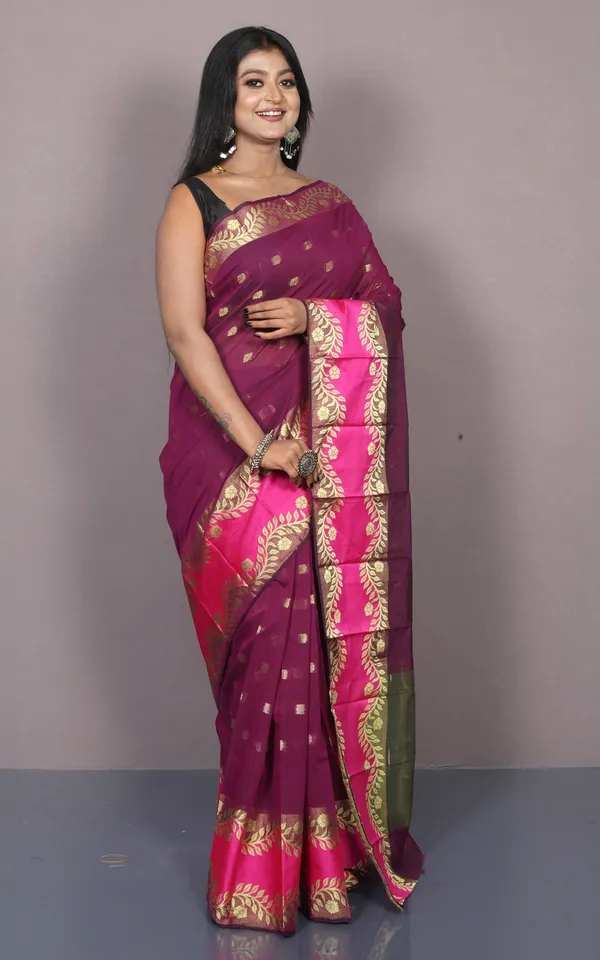 Bengal_Handloom_Soft_Khadi_Cotton_Silk_Saree_In_Burgundy_Hot_Pink_And_Matt_Golden