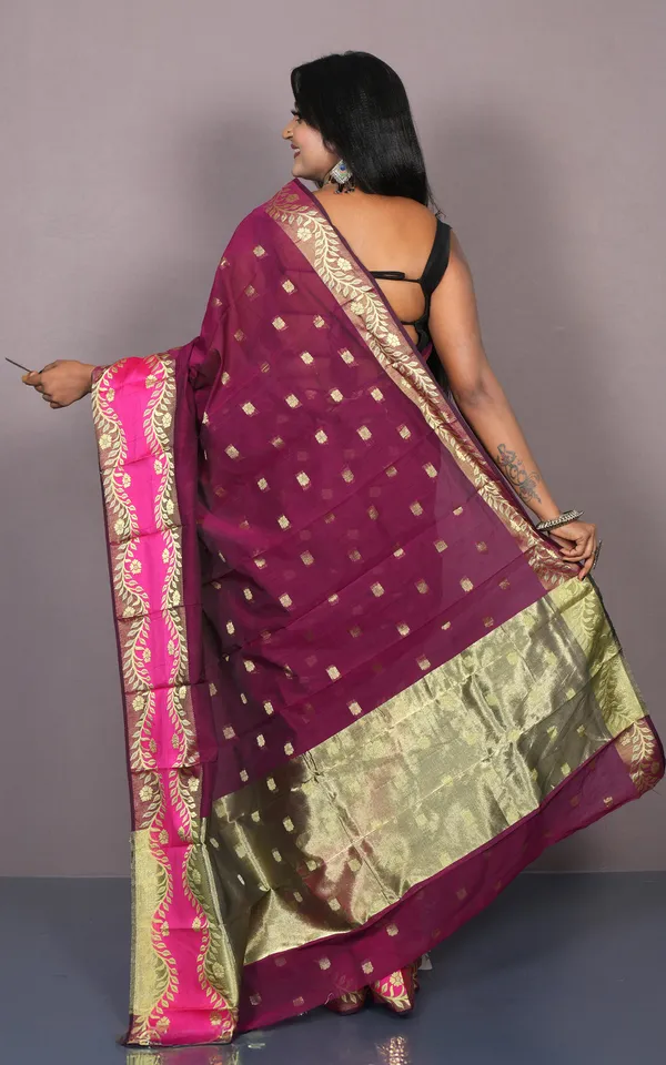 Bengal_Handloom_Soft_Khadi_Cotton_Silk_Saree_In_Burgundy_Hot_Pink_And_Matt_Golden