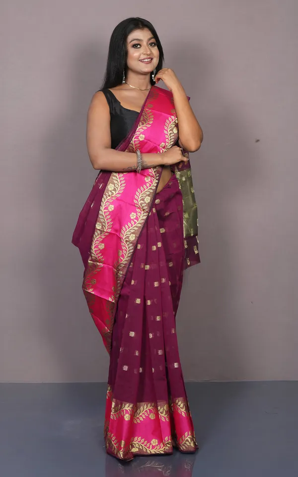 Bengal_Handloom_Soft_Khadi_Cotton_Silk_Saree_In_Burgundy_Hot_Pink_And_Matt_Golden