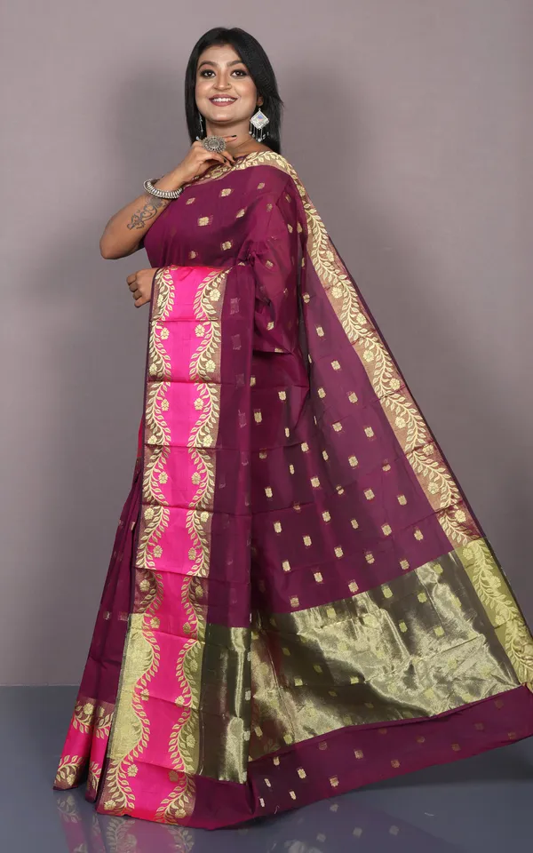 Bengal_Handloom_Soft_Khadi_Cotton_Silk_Saree_In_Burgundy_Hot_Pink_And_Matt_Golden
