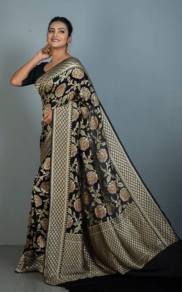 Hand_Woven_Rangkart_Meenakari_Brocade_Work_Khaddi_Georgette_Banarasi_Saree_In_Black_Multicolor_Antique_Golden