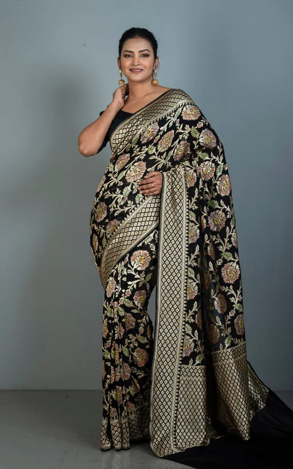 Hand_Woven_Rangkart_Meenakari_Brocade_Work_Khaddi_Georgette_Banarasi_Saree_In_Black_Multicolor_Antique_Golden