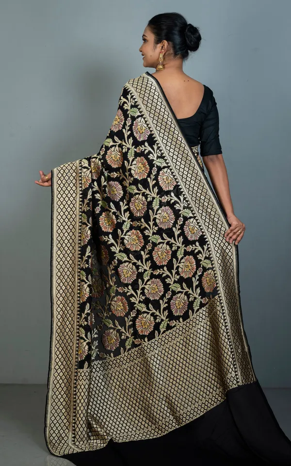 Hand_Woven_Rangkart_Meenakari_Brocade_Work_Khaddi_Georgette_Banarasi_Saree_In_Black_Multicolor_Antique_Golden