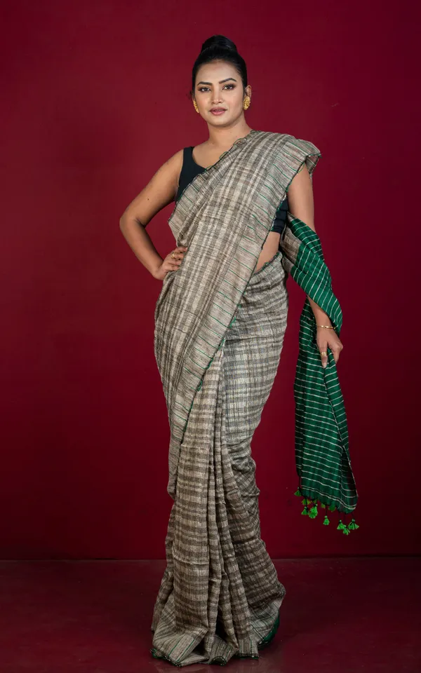 Soft_Hand_Woven_Ketia_Tussar_Silk_Saree_In_Beige_Black_And_Natural_Green