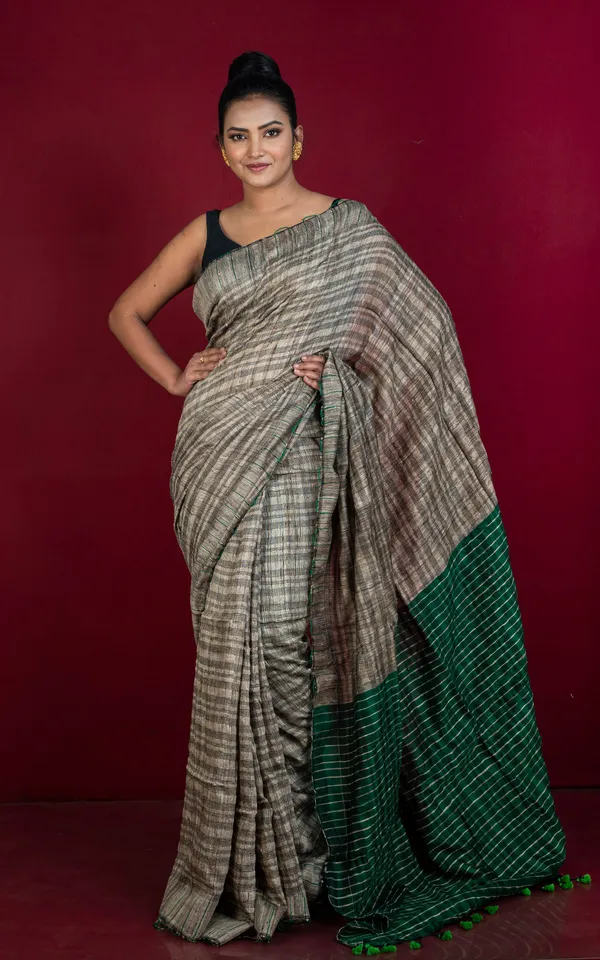 Soft_Hand_Woven_Ketia_Tussar_Silk_Saree_In_Beige_Black_And_Natural_Green