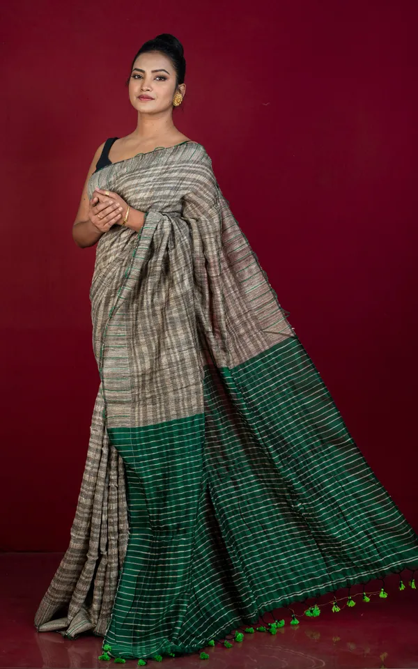 Soft_Hand_Woven_Ketia_Tussar_Silk_Saree_In_Beige_Black_And_Natural_Green