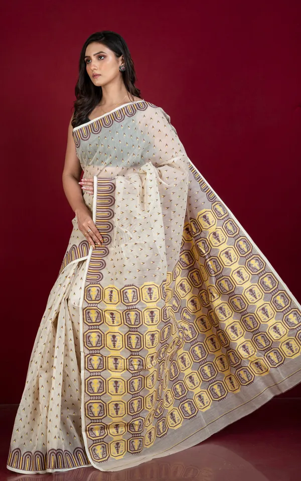 Hand_Woven_Jamdani_Saree_In_Off_White_Yellow_And_Chocolate_Brown