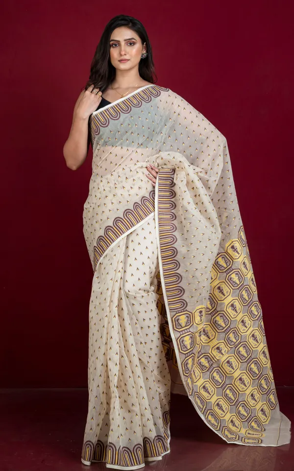 Hand_Woven_Jamdani_Saree_In_Off_White_Yellow_And_Chocolate_Brown