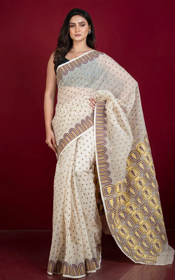 Hand_Woven_Jamdani_Saree_In_Off_White_Yellow_And_Chocolate_Brown