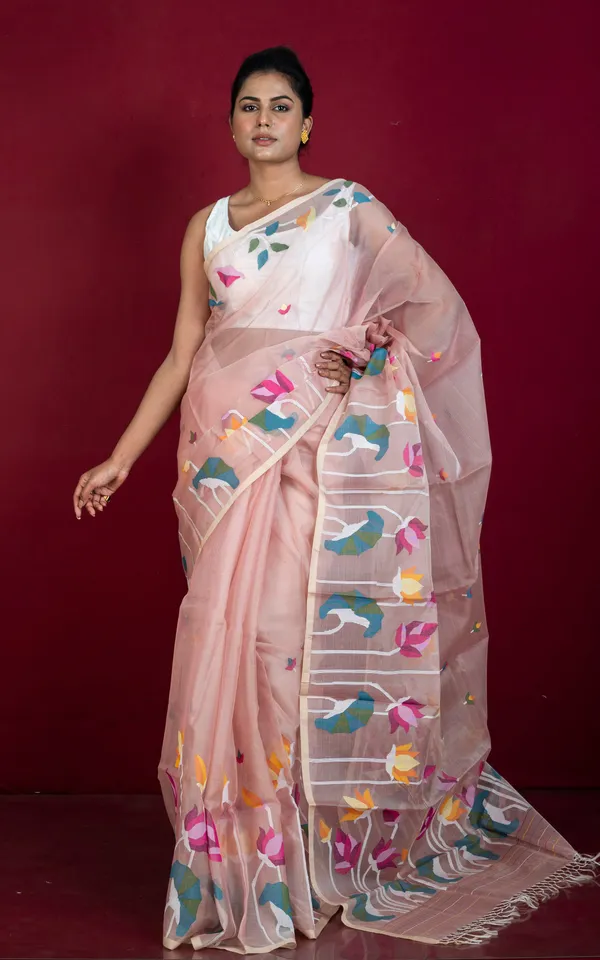 Premium_Quality_Hand_Woven_Floral_Skirt_Nakshi_Work_Muslin_Silk_Dhakai_Jamdani_Saree_In_Apricot_Beige_And_Multicolor_Meenakari_Thread_Work