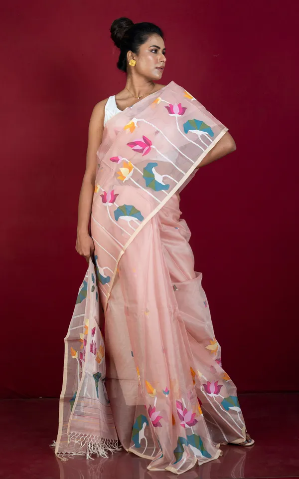 Premium_Quality_Hand_Woven_Floral_Skirt_Nakshi_Work_Muslin_Silk_Dhakai_Jamdani_Saree_In_Apricot_Beige_And_Multicolor_Meenakari_Thread_Work