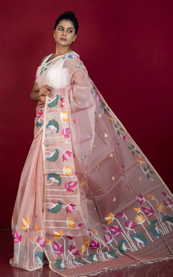 Premium_Quality_Hand_Woven_Floral_Skirt_Nakshi_Work_Muslin_Silk_Dhakai_Jamdani_Saree_In_Apricot_Beige_And_Multicolor_Meenakari_Thread_Work