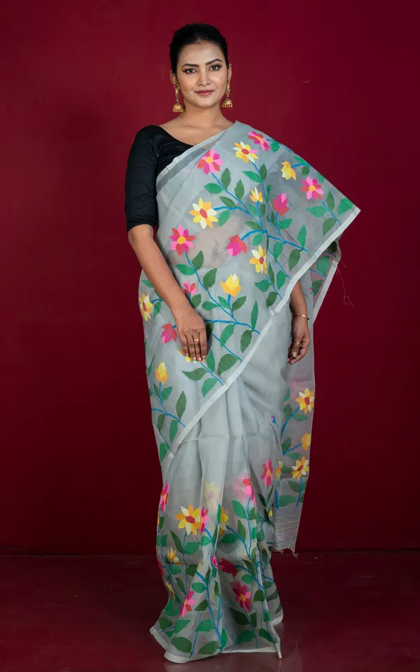 Premium_Quality_Hand_Woven_Floral_Skirt_Nakshi_Work_Muslin_Silk_Dhakai_Jamdani_Saree_In_Grey_And_Multicolor_Meenakari_Thread_Work