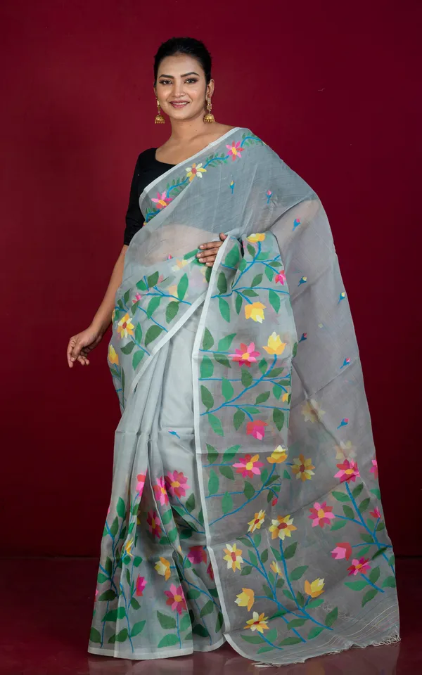 Premium_Quality_Hand_Woven_Floral_Skirt_Nakshi_Work_Muslin_Silk_Dhakai_Jamdani_Saree_In_Grey_And_Multicolor_Meenakari_Thread_Work