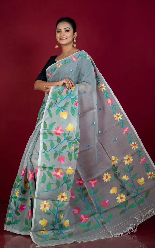 Premium_Quality_Hand_Woven_Floral_Skirt_Nakshi_Work_Muslin_Silk_Dhakai_Jamdani_Saree_In_Grey_And_Multicolor_Meenakari_Thread_Work