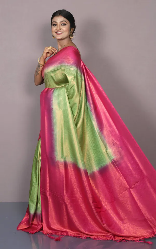 Softy_Tan_Chui_Work_Katan_Silk_Saree_In_Lime_Green_Pink_And_Antique_Gold