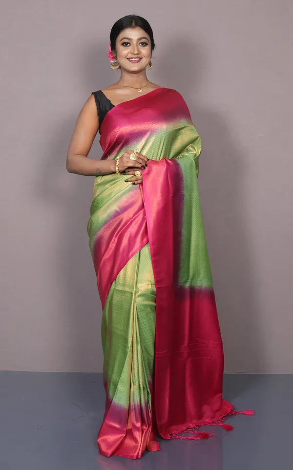 Softy_Tan_Chui_Work_Katan_Silk_Saree_In_Lime_Green_Pink_And_Antique_Gold