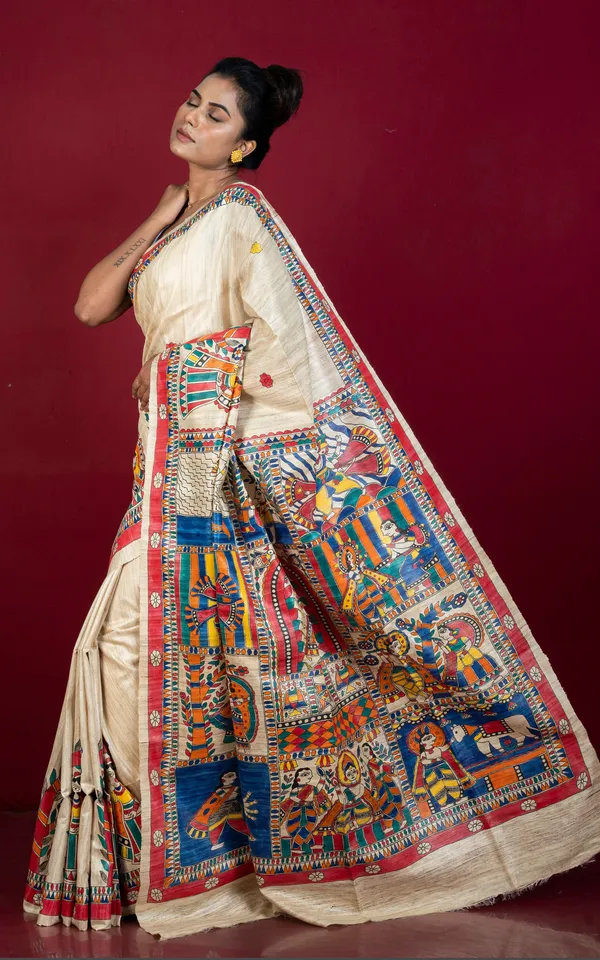 Premium_Quality_Skirt_Border_Hand_Painted_Madhubani_Motif_On_Natural_Ghicha_Tussar_Silk_Saree_In_Natural_Beige_And_Multicolor