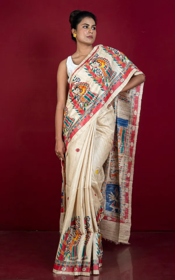 Premium_Quality_Skirt_Border_Hand_Painted_Madhubani_Motif_On_Natural_Ghicha_Tussar_Silk_Saree_In_Natural_Beige_And_Multicolor
