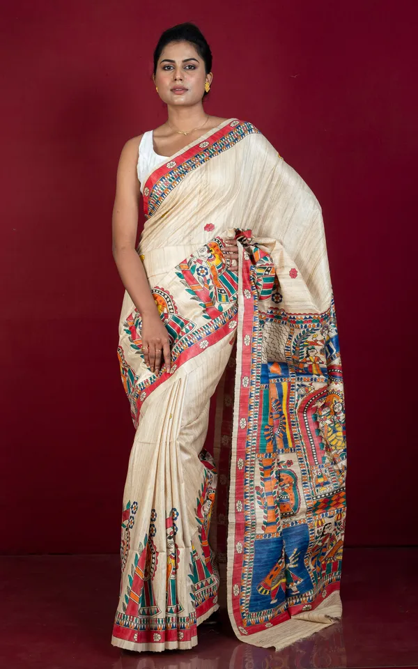 Premium_Quality_Skirt_Border_Hand_Painted_Madhubani_Motif_On_Natural_Ghicha_Tussar_Silk_Saree_In_Natural_Beige_And_Multicolor