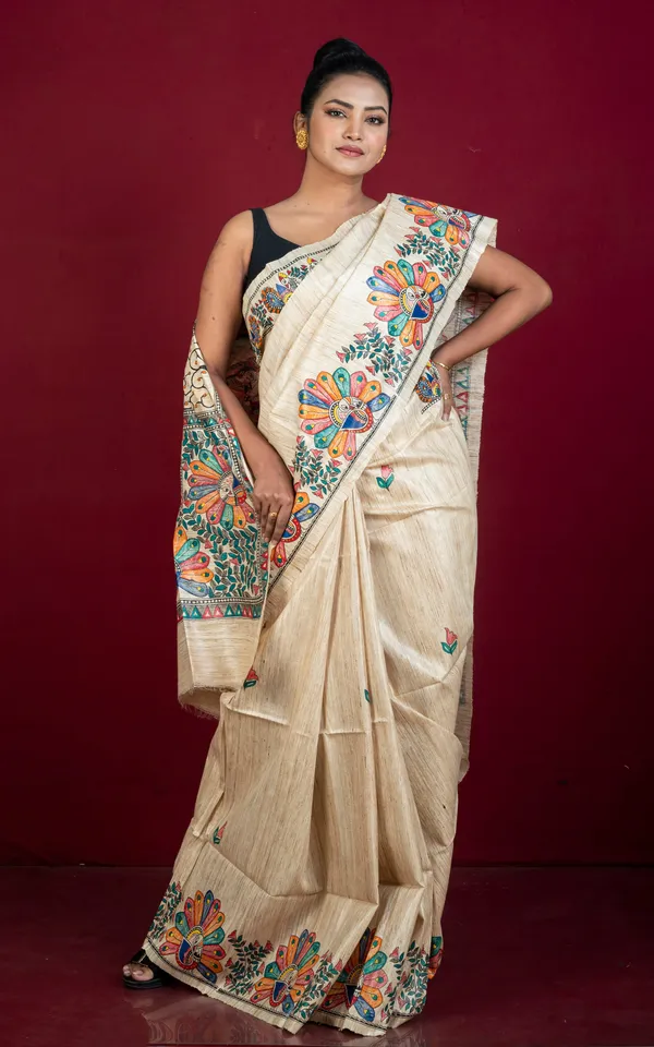 Premium_Quality_Skirt_Border_Hand_Painted_Madhubani_Motif_On_Natural_Ghicha_Tussar_Silk_Saree_In_Natural_Beige_And_Multicolor