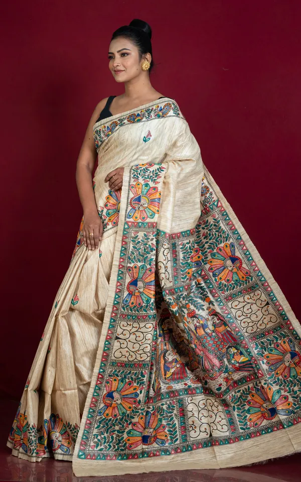 Premium_Quality_Skirt_Border_Hand_Painted_Madhubani_Motif_On_Natural_Ghicha_Tussar_Silk_Saree_In_Natural_Beige_And_Multicolor