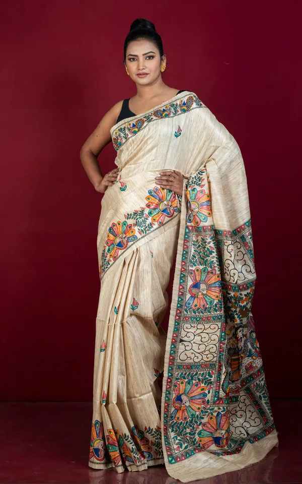 Premium_Quality_Skirt_Border_Hand_Painted_Madhubani_Motif_On_Natural_Ghicha_Tussar_Silk_Saree_In_Natural_Beige_And_Multicolor