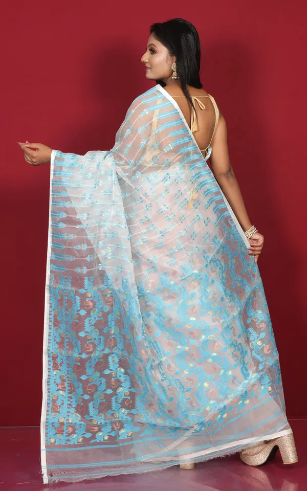 Soft_Muslin_Silk_Jamdani_Saree_In_White_Cerulean_Blue_And_Water_Golden_Zari_Work