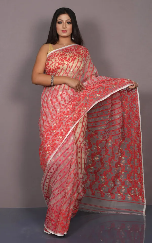 Soft_Muslin_Silk_Jamdani_Saree_In_Off_White_Red_And_Water_Golden_Zari_Work