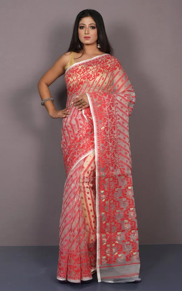 Soft_Muslin_Silk_Jamdani_Saree_In_Off_White_Red_And_Water_Golden_Zari_Work
