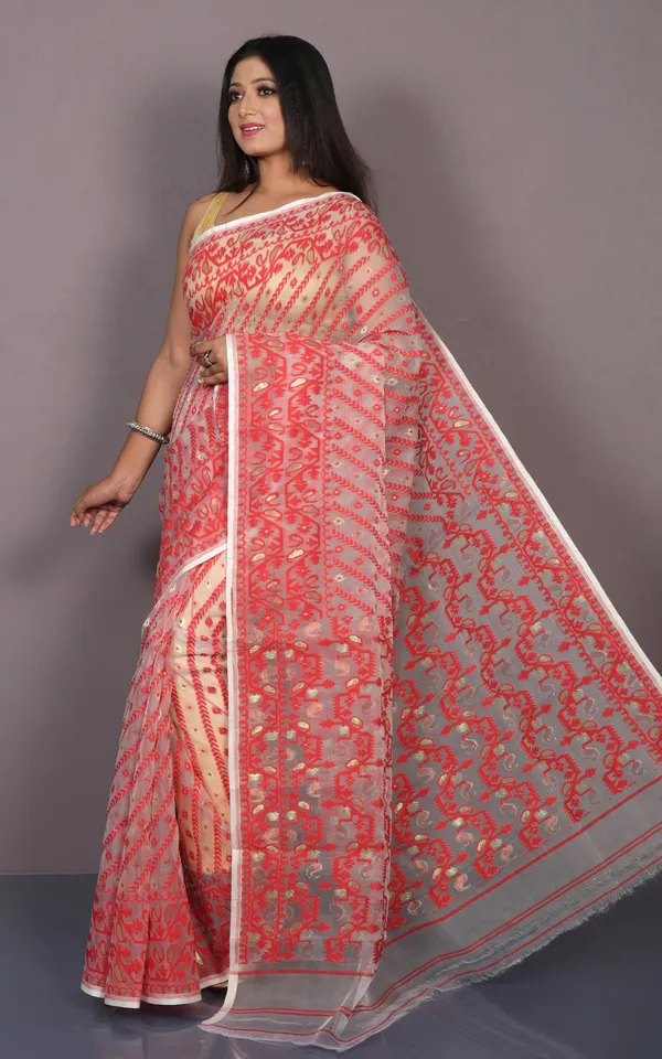 Soft_Muslin_Silk_Jamdani_Saree_In_Off_White_Red_And_Water_Golden_Zari_Work