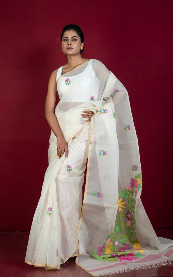 Premium_Quality_Poth_Tussar_Silk_Selvage_Muslin_Silk_Jamdani_Saree_In_Off_White_Beige_And_Multicolor_Thread_Work