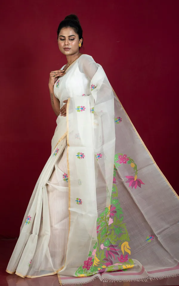 Premium_Quality_Poth_Tussar_Silk_Selvage_Muslin_Silk_Jamdani_Saree_In_Off_White_Beige_And_Multicolor_Thread_Work