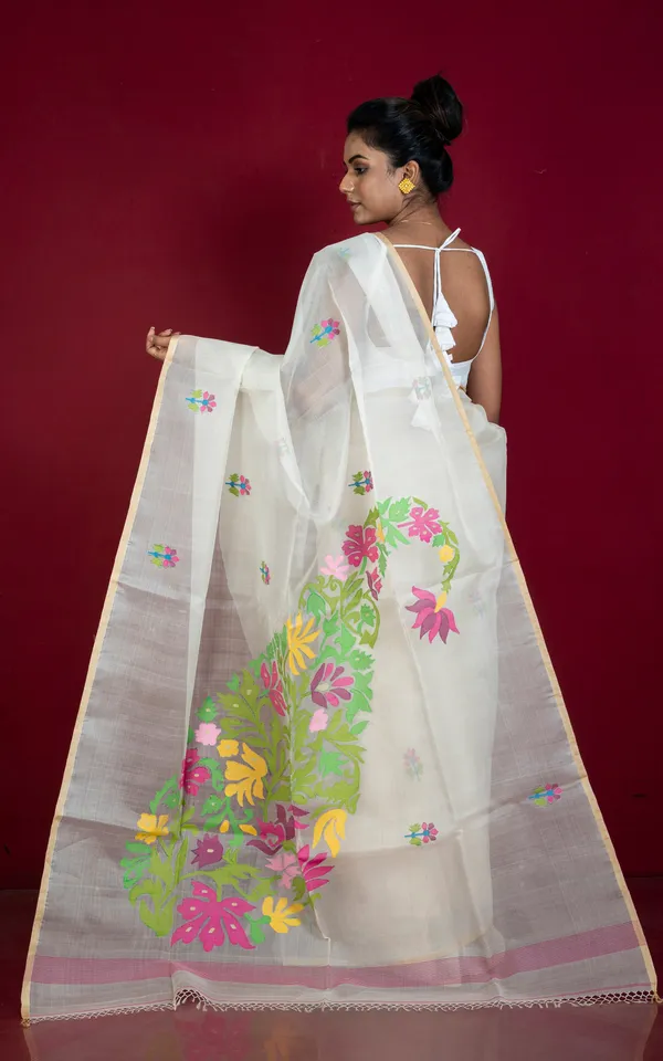 Premium_Quality_Poth_Tussar_Silk_Selvage_Muslin_Silk_Jamdani_Saree_In_Off_White_Beige_And_Multicolor_Thread_Work