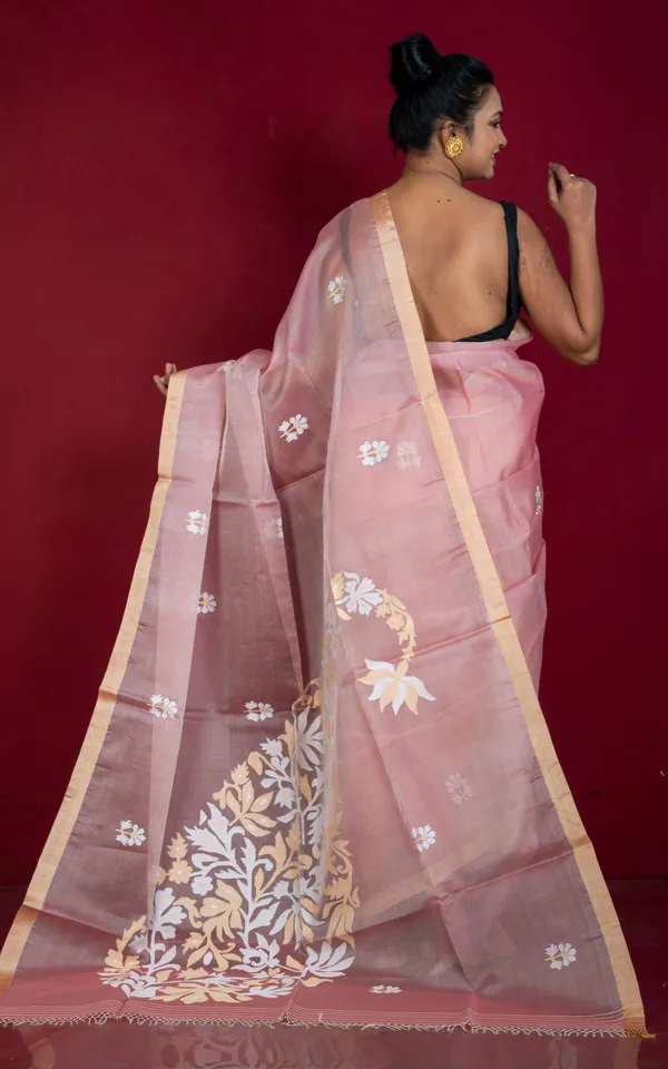 Premium_Quality_Poth_Tussar_Silk_Selvage_Muslin_Silk_Jamdani_Saree_In_Red_Sandalwood_Beige_And_Off_White_Thread_Work