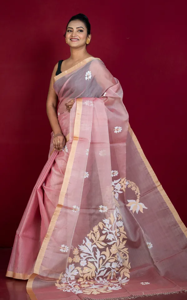 Premium_Quality_Poth_Tussar_Silk_Selvage_Muslin_Silk_Jamdani_Saree_In_Red_Sandalwood_Beige_And_Off_White_Thread_Work