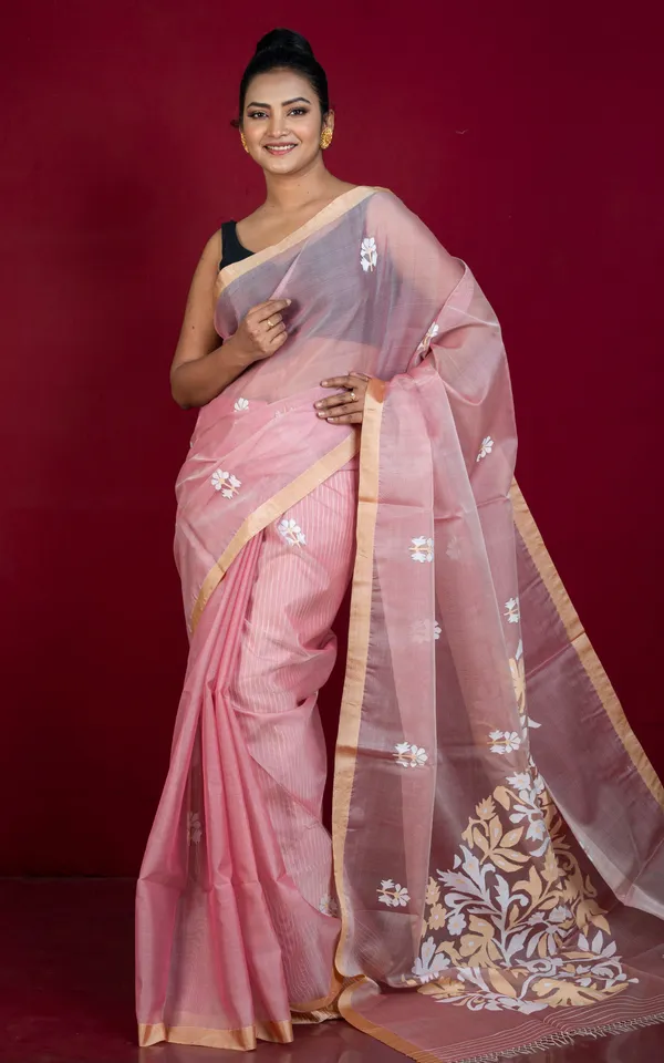 Premium_Quality_Poth_Tussar_Silk_Selvage_Muslin_Silk_Jamdani_Saree_In_Red_Sandalwood_Beige_And_Off_White_Thread_Work