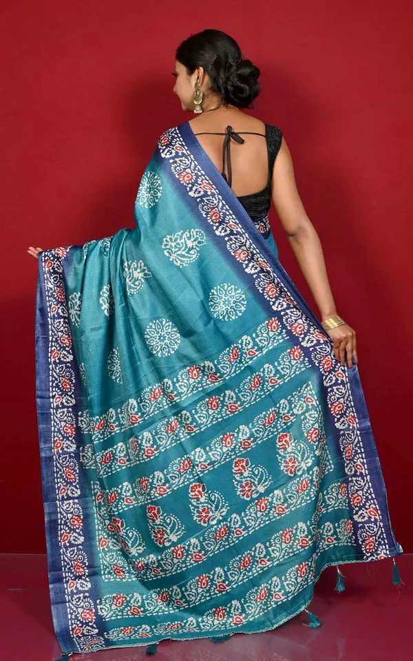 Printed_Soft_Semi_Ghicha_Silk_Saree_In_Teal_And_Royal_Blue