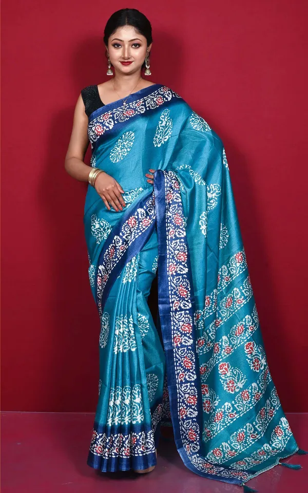 Printed_Soft_Semi_Ghicha_Silk_Saree_In_Teal_And_Royal_Blue