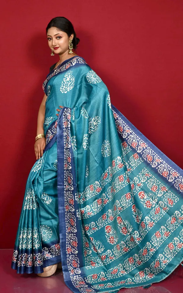 Printed_Soft_Semi_Ghicha_Silk_Saree_In_Teal_And_Royal_Blue