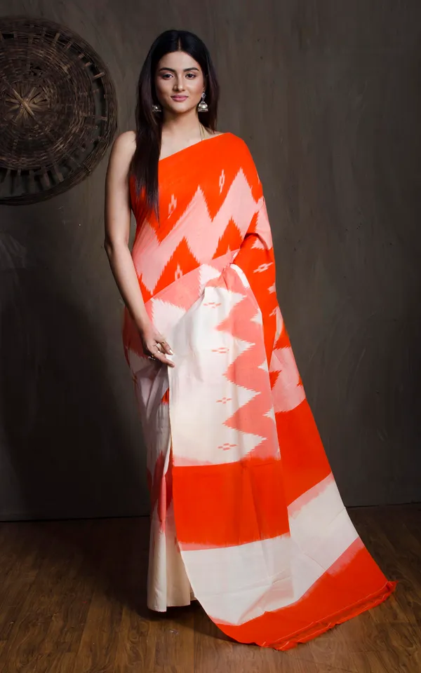Soft_Mercerized_Cotton_Ikkat_Pochampally_Saree_In_Off_White_And_Orange