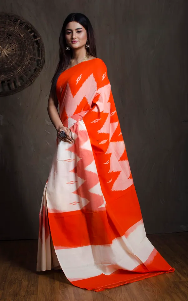 Soft_Mercerized_Cotton_Ikkat_Pochampally_Saree_In_Off_White_And_Orange