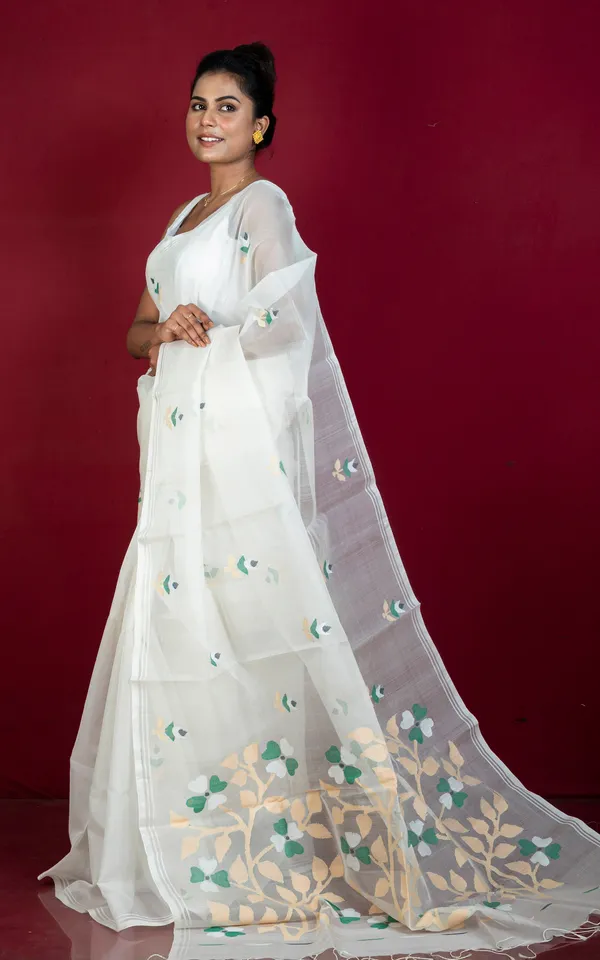 Hand_Woven_Muslin_Silk_Jamdani_Saree_In_Off_White_Beige_Black_And_Persian_Green