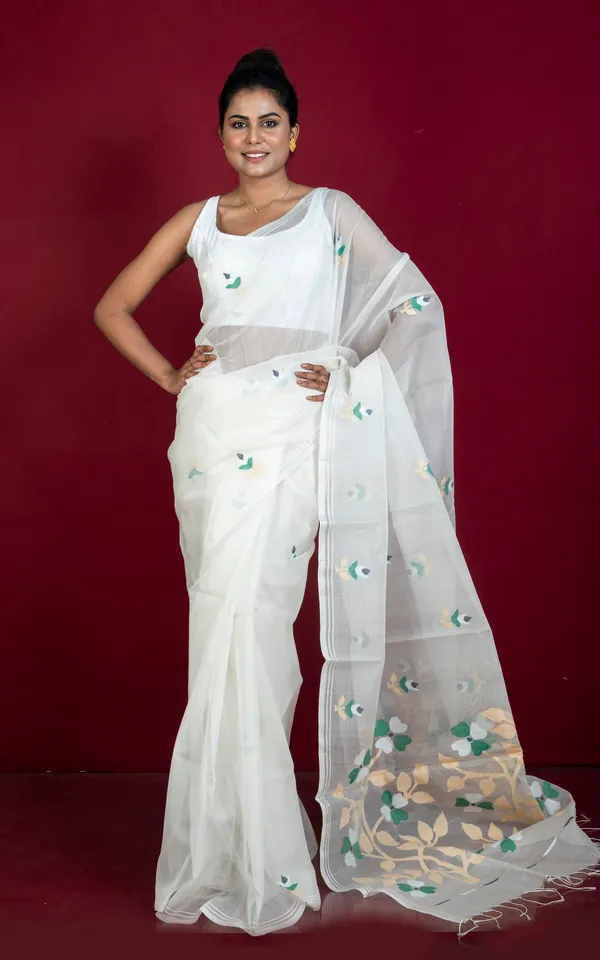 Hand_Woven_Muslin_Silk_Jamdani_Saree_In_Off_White_Beige_Black_And_Persian_Green