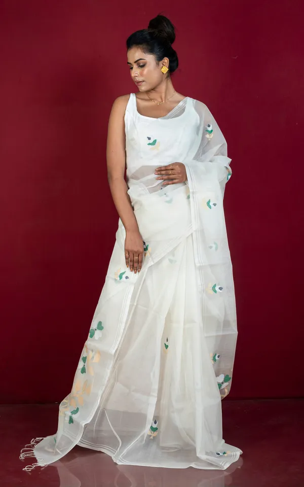 Hand_Woven_Muslin_Silk_Jamdani_Saree_In_Off_White_Beige_Black_And_Persian_Green
