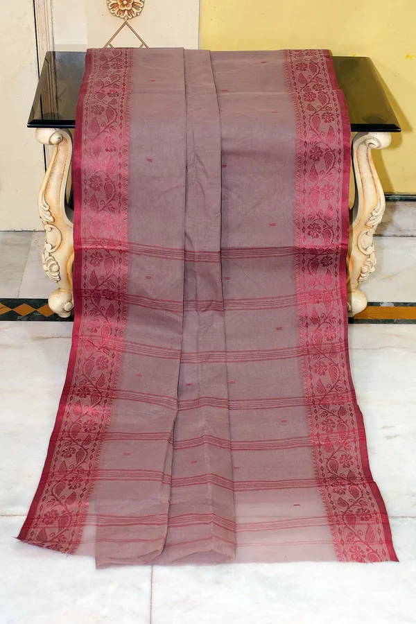 Thread_Nakshi_Jacket_Border_Bengal_Handloom_Cotton_Saree_In_Mauve_Taupe_And_Red_Berry