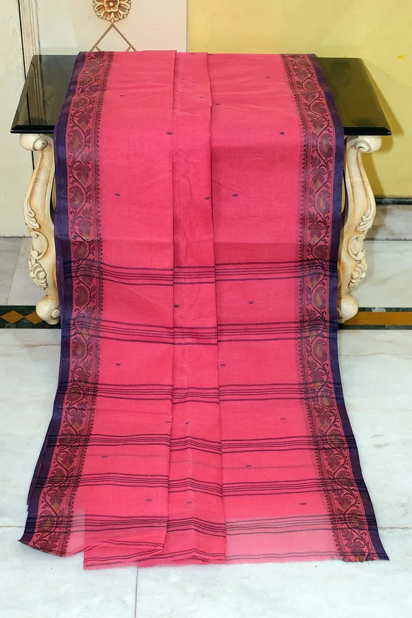 Thread_Nakshi_Jacket_Border_Bengal_Handloom_Cotton_Saree_In_French_Rose_And_Black_Currant