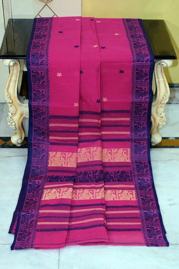 Bengal_Handloom_Cotton_Baluchari_Saree_In_Hot_Pink_Sapphire_Blue_And_Beige