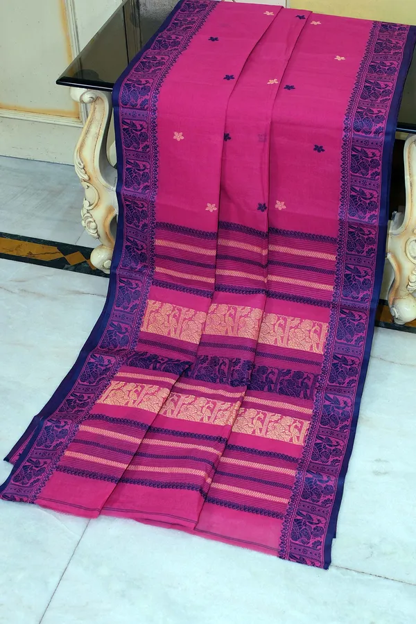 Bengal_Handloom_Cotton_Baluchari_Saree_In_Hot_Pink_Sapphire_Blue_And_Beige