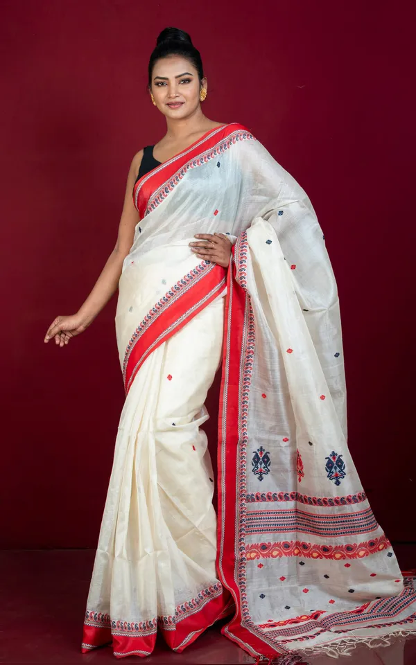 Premium_Quality_Tussar_Silk_Nakshi_Work_Velvet_Silk_Border_Saree_In_Off_White_Red_Black_And_Beige